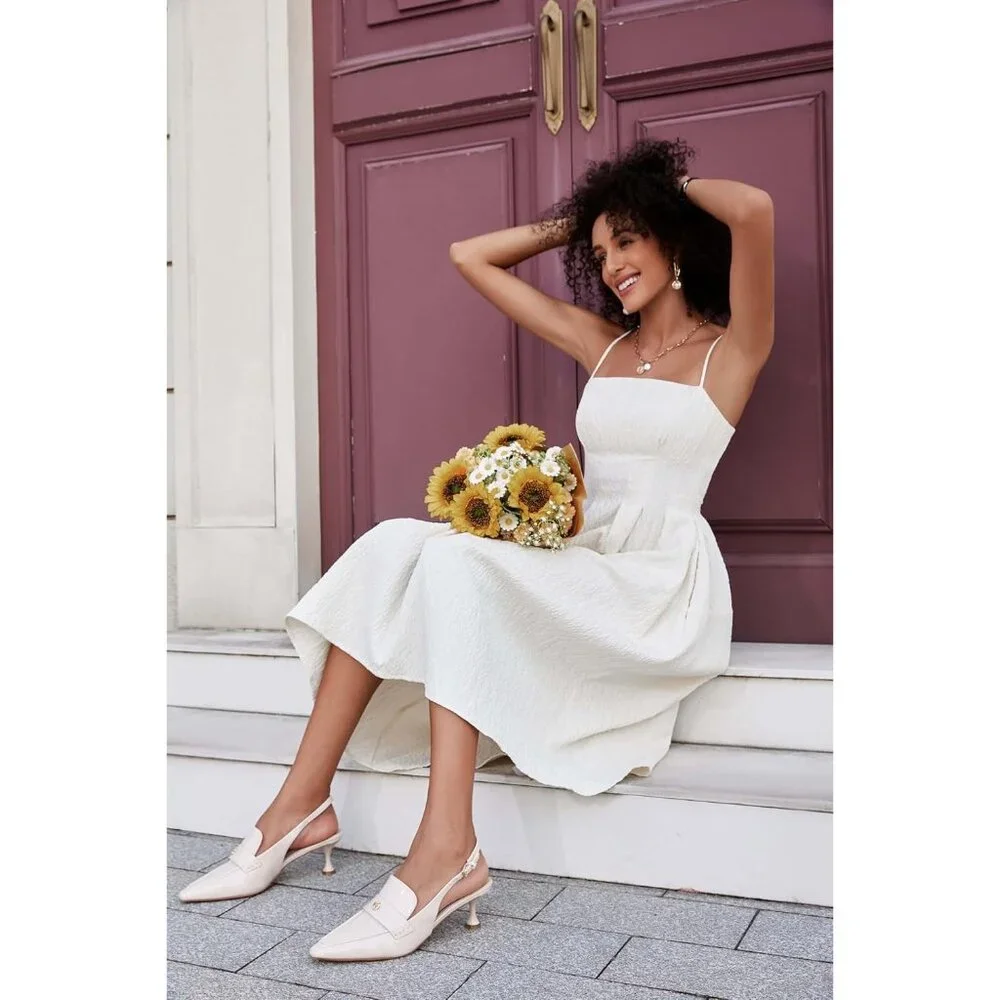 💫 Women Cream Slingback Kitten Heel Pointed Toe Pumps Ankle Buckle Dress Shoes